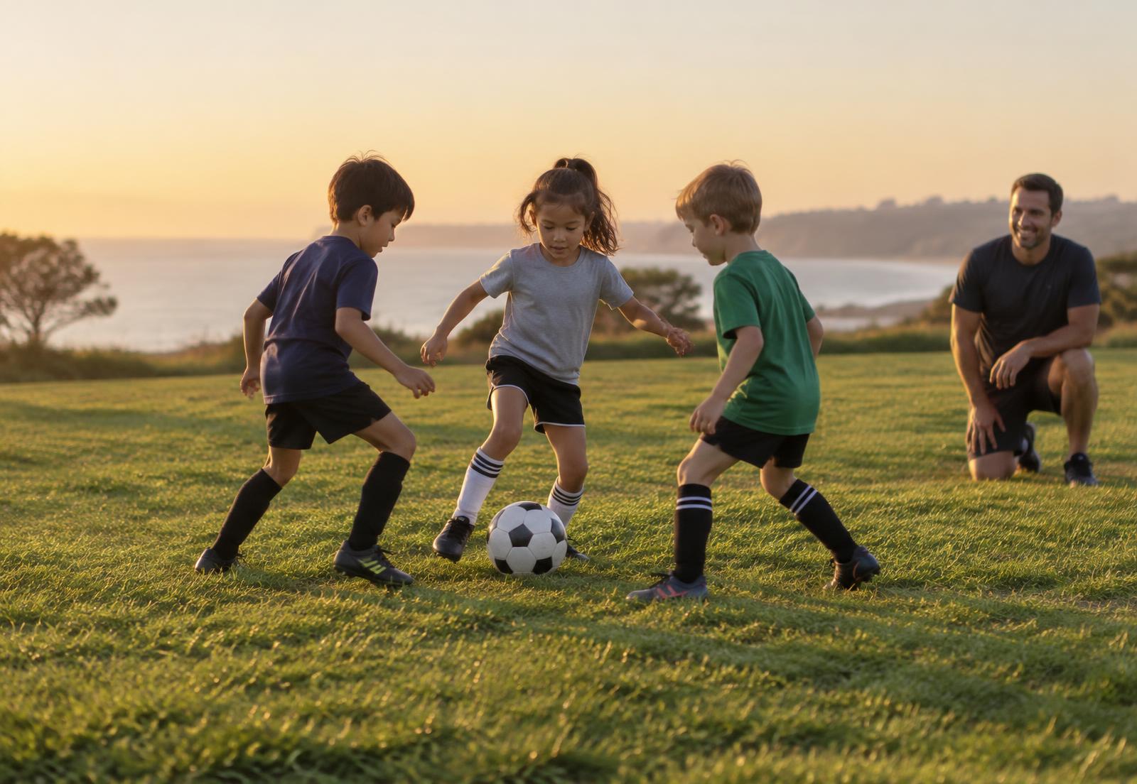Kids playing soccer and basketball with a parent coach at sunset in San Diego